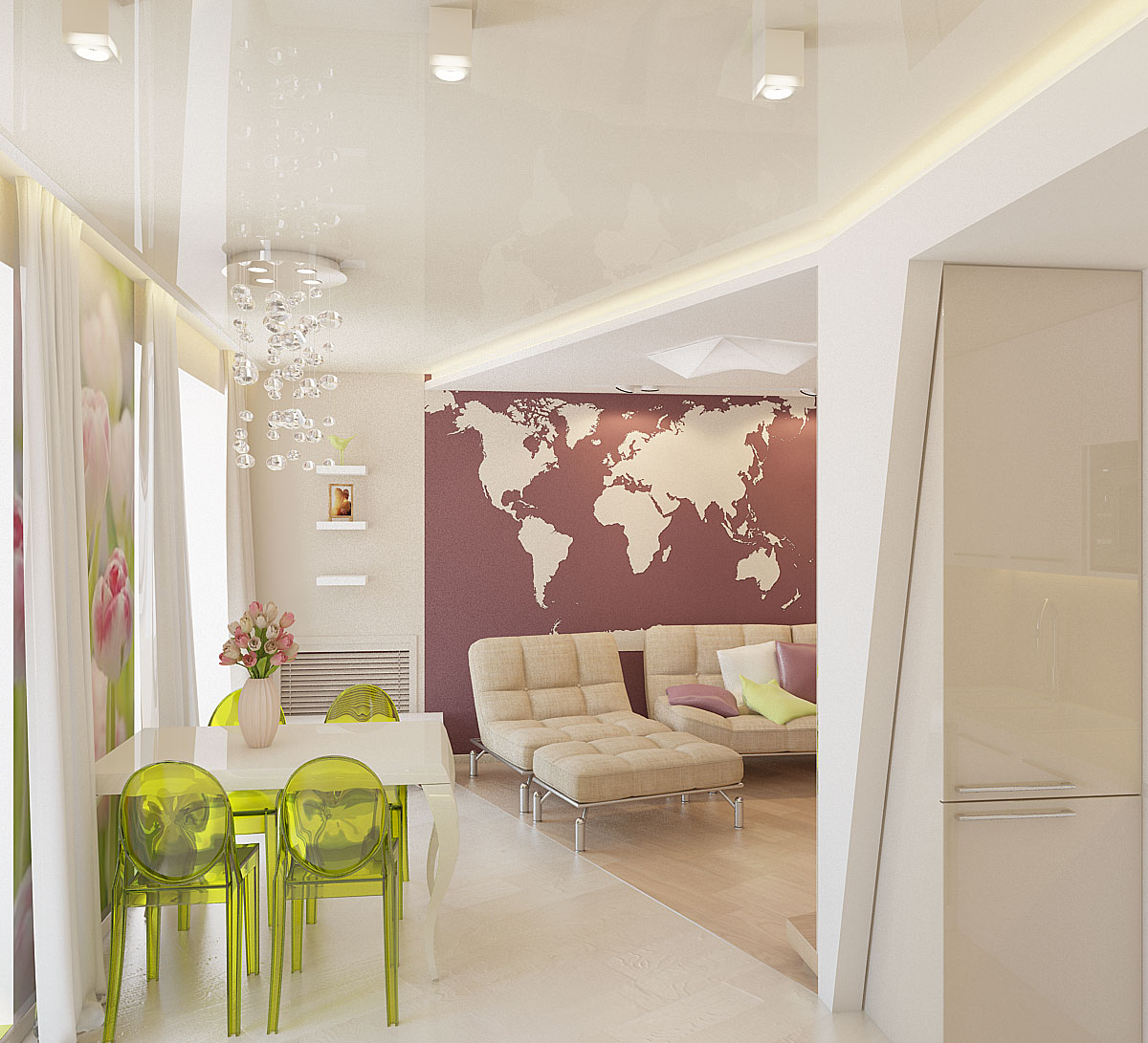 Двухуровневый потолок с подсветкой и люстрой Двухуровневый потолок с подсветкой и люстрой