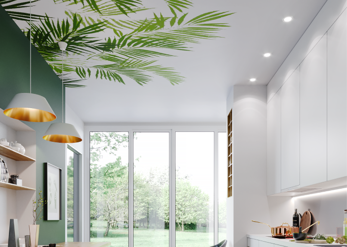 Сатиновый потолок с рисунком "Листья пальмы" Сатиновый потолок с рисунком "Листья пальмы"