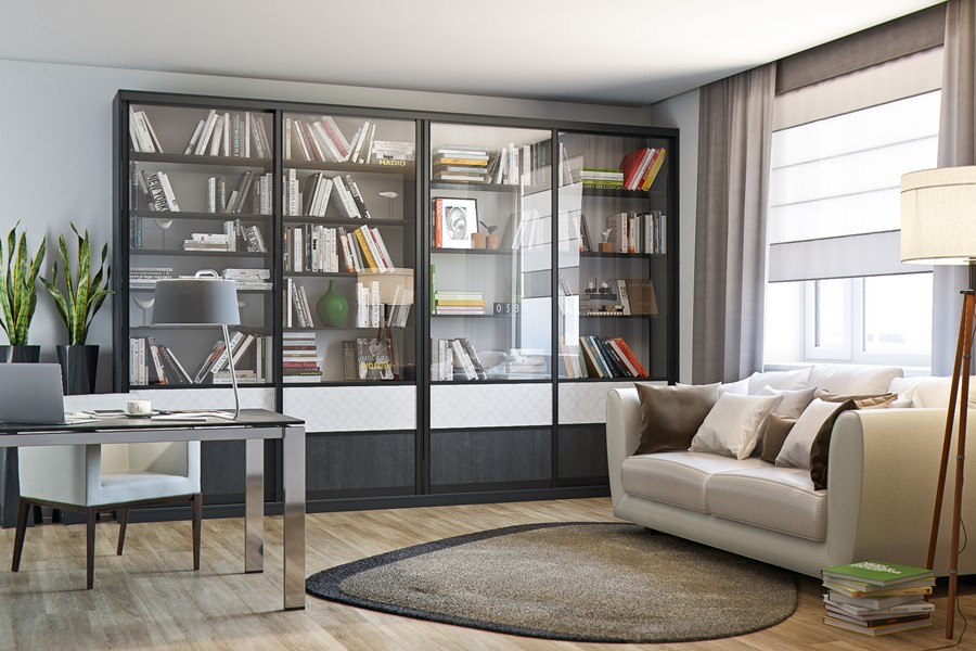 Большой стеллаж со стеклом для книг