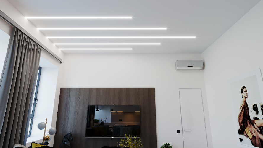 Матовый натяжной потолок со световыми линиями в гостиную Матовый натяжной потолок со световыми линиями в гостиную